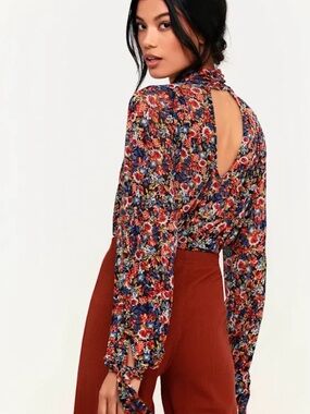 Free People All Dolled Up Black Floral Print Mesh Long Sleeve Crop Top
